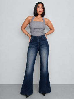 Off Duty India - Blue Solid Cotton Flared Jeans