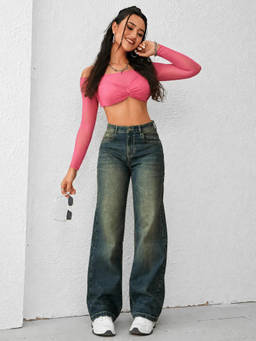 Off Duty India - Blue Solid Cotton Wide Jeans