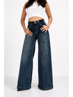 Off Duty India - Blue Solid Cotton Wide Jeans