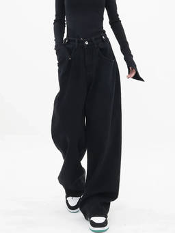Off Duty India - Black Solid Cotton Oversized Jeans