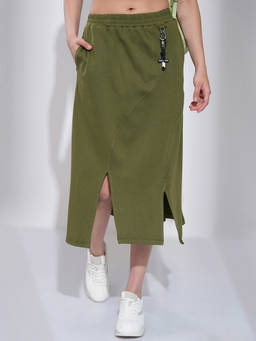 TOKYO TALKIES - Green Solid Cotton Blend Skirt