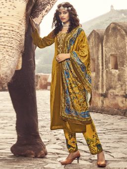 Stylee LIFESTYLE - Mustard Velvet Embroidered Dress Material (Set of 3)