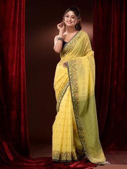 CHARUKRITI - Yellow Cotton Handspun Ethnic Motifs and Jamdani Borders Saree with Unstitched Blouse