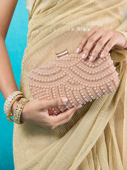 Azai by Nykaa Fashion - Light Pink Pearl Embellished Rectangular Clutch