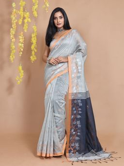 CHARUKRITI - Silver Grey Cotton Zari Motifs & Floral Borders Handwoven Saree with Unstitched Blouse