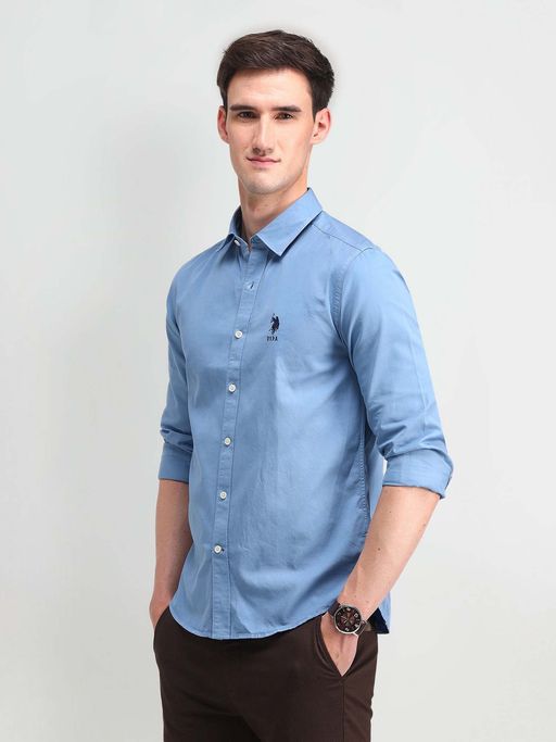 U.S. Polo Assn. Denim Co. Men Blue Solid Slim Fit Casual Shirt