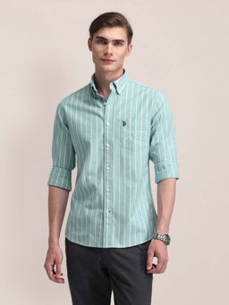 U.S. POLO ASSN. - Men Green Stripes Tailored Fit Casual Shirt