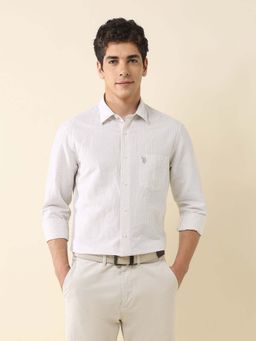 U.S. POLO ASSN. - Men Beige Stripes Tailored Fit Casual Shirt