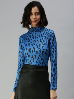 SHOWOFF - Women High Neck Animal Blue Regular Top
