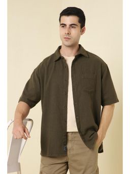 Allen Solly - Men Cotton Blend Textured Collar Neck Relaxed Fit Olive Shirt