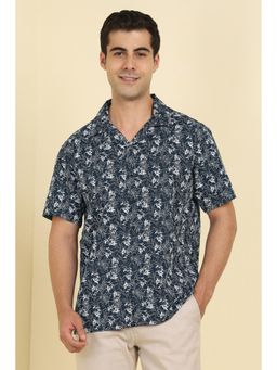 Allen Solly - Men Cotton Printed Collar Neck Relaxed Fit Navy Blue Shirt