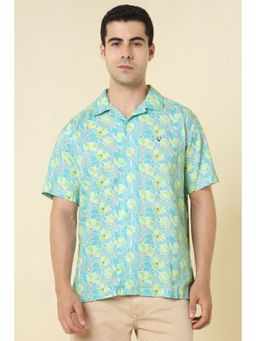 Allen Solly - Men Cotton Blend Printed Notched Lapel Relaxed Fit Blue Shirt