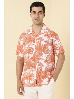 Allen Solly - Men Cotton Blend Printed Notched Lapel Relaxed Fit White Shirt