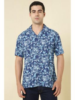 Allen Solly - Men Cotton Blend Printed Notched Lapel Relaxed Fit Blue Shirt