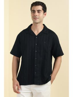 Allen Solly - Men Cotton Textured Collar Neck Relaxed Fit Navy Blue Shirt