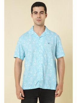 Allen Solly - Men Cotton Blend Printed Notched Lapel Relaxed Fit Blue Shirt