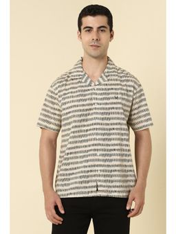 Allen Solly - Men Cotton Stripes Notched Lapel Relaxed Fit Beige Shirt