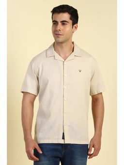 Allen Solly - Men Cotton Textured Collar Neck Relaxed Fit Beige Shirt