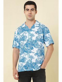 Allen Solly - Men Cotton Blend Printed Notched Lapel Relaxed Fit Blue Shirt