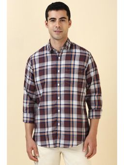 Allen Solly - Men Cotton Checks Collar Neck Tailored Fit Brown Shirt