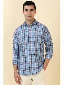 Allen Solly - Men Cotton Checks Collar Neck Tailored Fit Blue Shirt