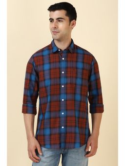 Allen Solly - Men Cotton Checks Collar Neck Tailored Fit Maroon Shirt