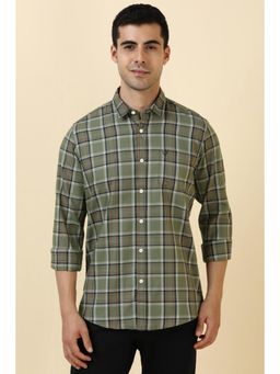 Allen Solly - Men Cotton Checks Collar Neck Tailored Fit Olive Shirt