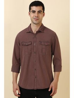 Allen Solly - Men Cotton Solid Collar Neck Tailored Fit Brown Shirt