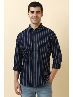 Allen Solly - Men Cotton Checks Collar Neck Tailored Fit Blue Shirt