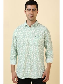 Allen Solly - Men Cotton Blend Printed Collar Neck Tailored Fit Green Shirt