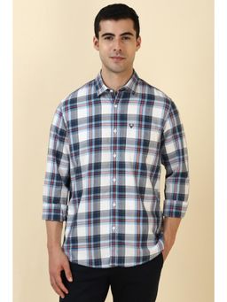 Allen Solly - Men Cotton Checks Collar Neck Tailored Fit White Shirt