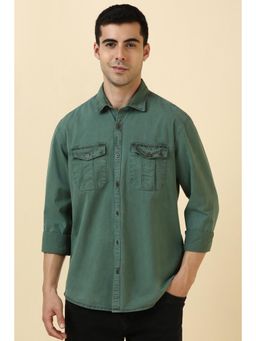 Allen Solly - Men Cotton Solid Collar Neck Tailored Fit Green Shirt