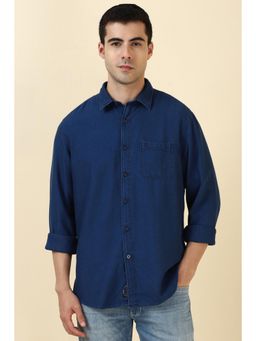 Allen Solly - Men Cotton Solid Collar Neck Tailored Fit Navy Blue Shirt