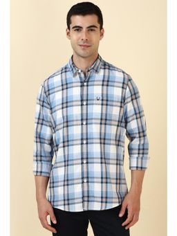 Allen Solly - Men Cotton Checks Collar Neck Tailored Fit Blue Shirt