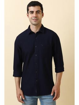 Allen Solly - Men Cotton Solid Collar Neck Tailored Fit Navy Blue Shirt