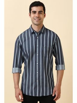 Allen Solly - Men Cotton Stripes Collar Neck Tailored Fit Navy Blue Shirt