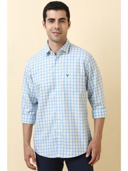 Allen Solly - Men Cotton Checks Collar Neck Slim Fit Blue Shirt