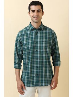 Allen Solly - Men Cotton Checks Collar Neck Slim Fit Green Shirt