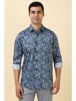 Allen Solly - Men Cotton Printed Collar Neck Slim Fit Blue Shirt