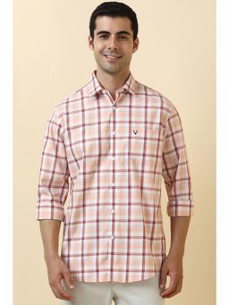 Allen Solly - Men Cotton Checks Collar Neck Slim Fit Peach Shirt