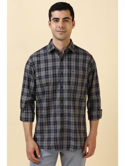 Allen Solly - Men Cotton Checks Collar Neck Slim Fit Navy Blue Shirt