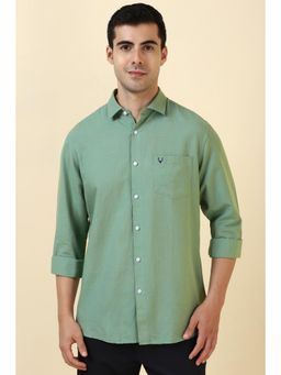 Allen Solly - Men Linen Blend Textured Collar Neck Slim Fit Green Shirt