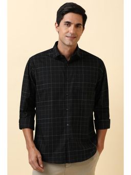 Allen Solly - Men Cotton Checks Collar Neck Slim Fit Black Shirt