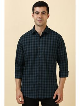 Allen Solly - Men Cotton Checks Collar Neck Slim Fit Navy Blue Shirt