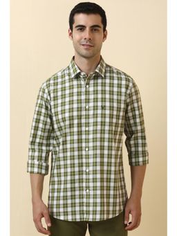 Allen Solly - Men Cotton Checks Collar Neck Slim Fit Olive Shirt