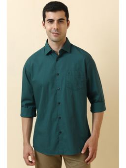 Allen Solly - Men Cotton Solid Collar Neck Slim Fit Green Shirt