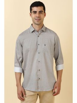 Allen Solly - Men Cotton Printed Collar Neck Slim Fit Beige Shirt