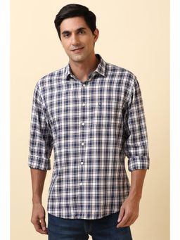 Allen Solly - Men Cotton Checks Collar Neck Slim Fit Navy Blue Shirt
