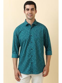 Allen Solly - Men Cotton Printed Collar Neck Slim Fit Green Shirt
