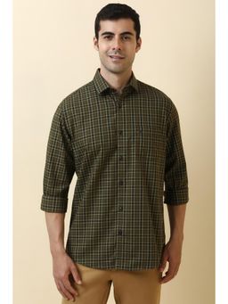 Allen Solly - Men Cotton Checks Collar Neck Slim Fit Olive Shirt